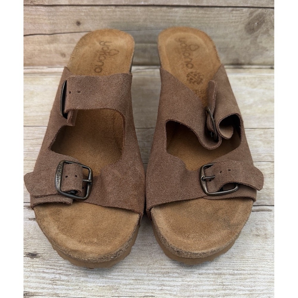 Yokono Canela Wedge Sandal Suede Cork Heel Size 9.5 Made In Spain‎ Brown Leather
